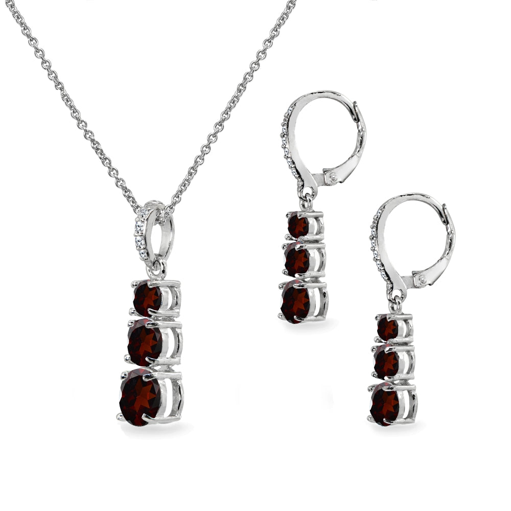 Sterling Silver Garnet 3-Stone Journey Pendant Necklace & Dangle Leverback Earrings Set-2