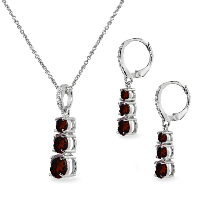 Sterling Silver Garnet 3-Stone Journey Pendant Necklace & Dangle Leverback Earrings Set