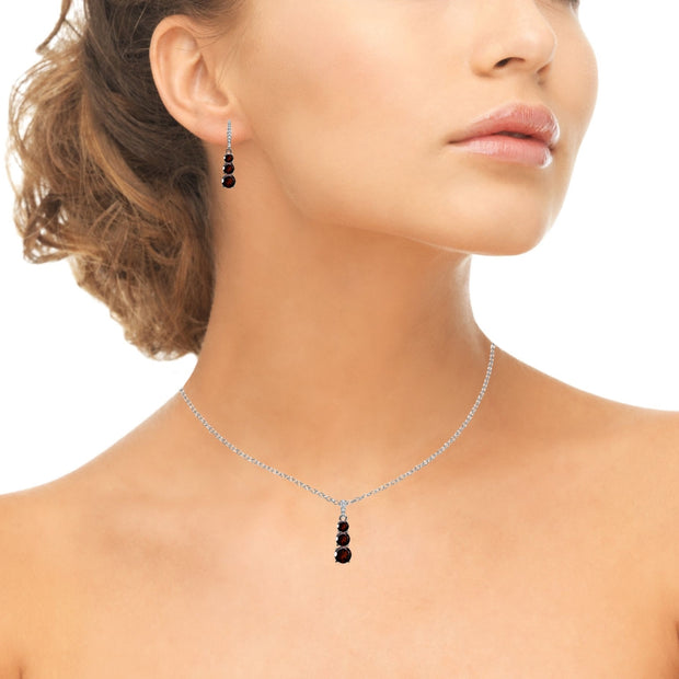 Sterling Silver Garnet 3-Stone Journey Pendant Necklace & Dangle Leverback Earrings Set