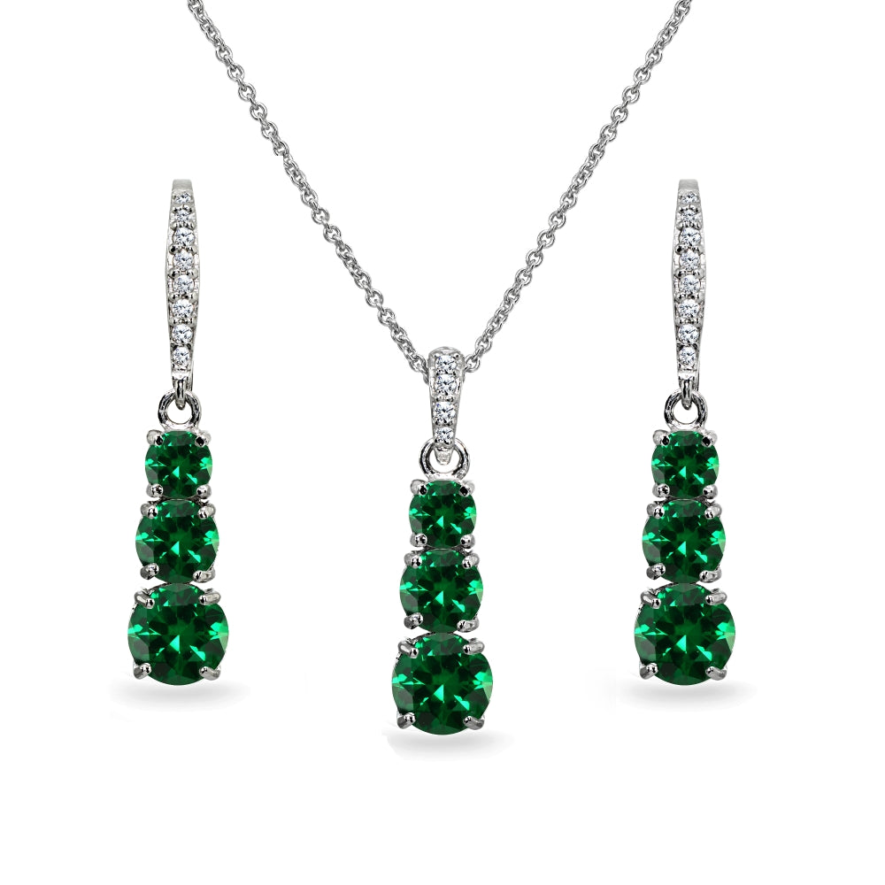Sterling Silver Simulated Emerald 3-Stone Journey Pendant Necklace & Dangle Leverback Earrings Set