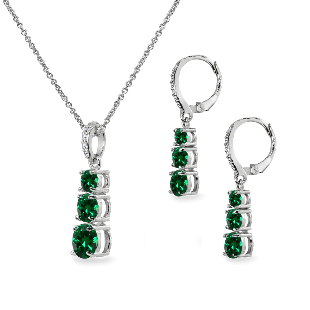 Sterling Silver Simulated Emerald 3-Stone Journey Pendant Necklace & Dangle Leverback Earrings Set-2