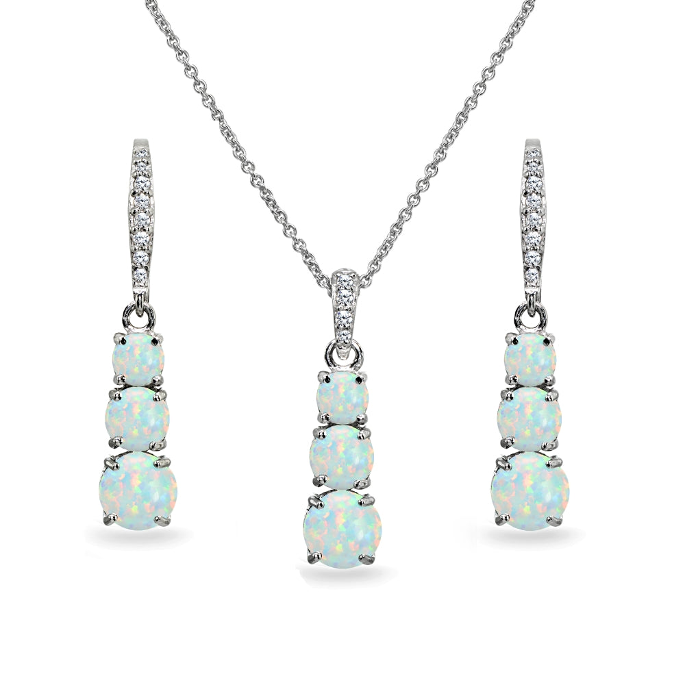Sterling Silver Created White Opal 3-Stone Journey Pendant Necklace & Dangle Leverback Earrings Set