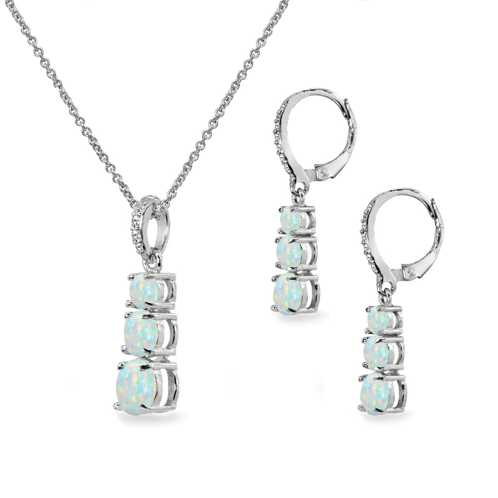 Sterling Silver Created White Opal 3-Stone Journey Pendant Necklace & Dangle Leverback Earrings Set-2