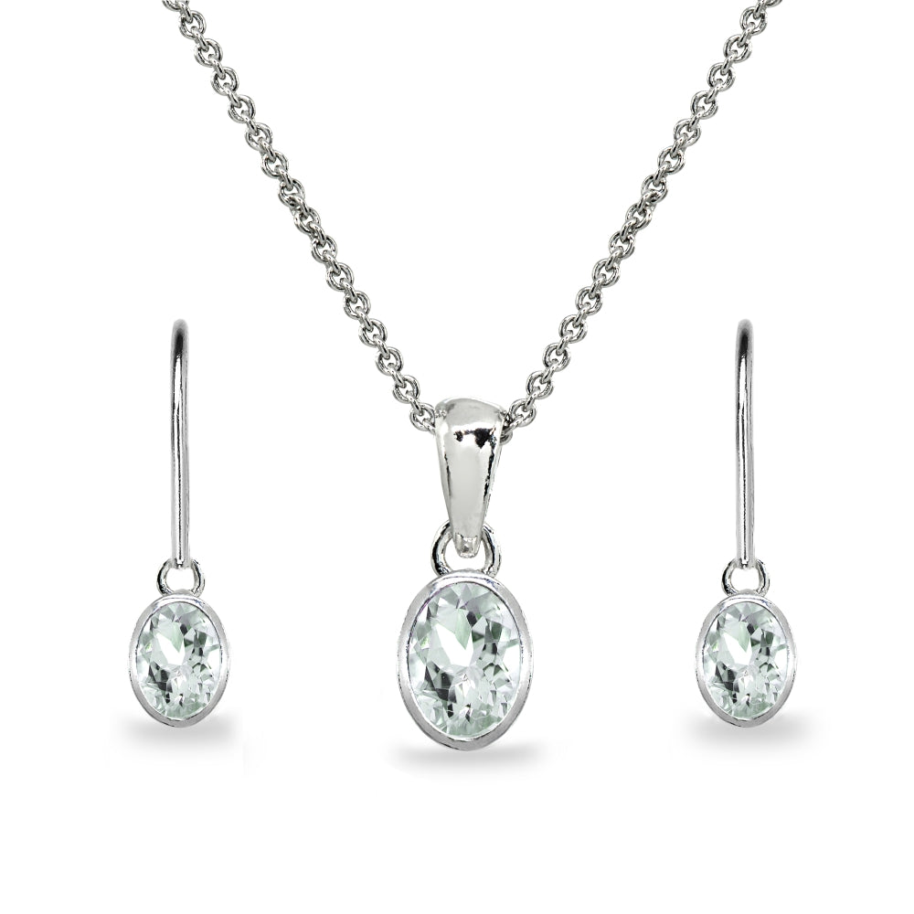 Sterling Silver Light Aquamarine Oval-Cut Bezel-Set Pendant Necklace & Dangle Leverback Earrings Set