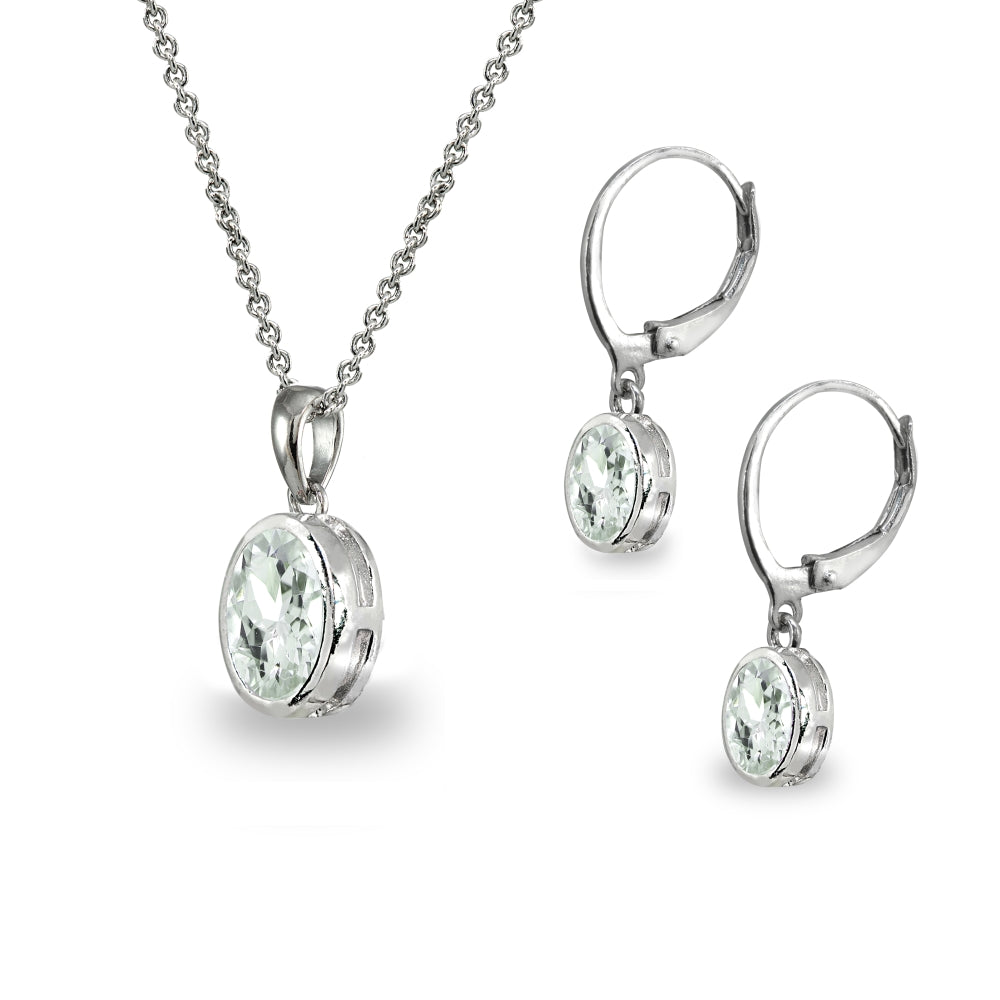 Sterling Silver Light Aquamarine Oval-Cut Bezel-Set Pendant Necklace & Dangle Leverback Earrings Set-2