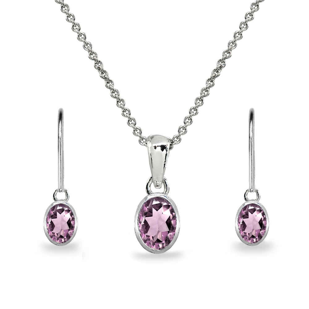 Sterling Silver Created Alexandrite Oval-Cut Bezel-Set Pendant Necklace & Dangle Leverback Earrings Set