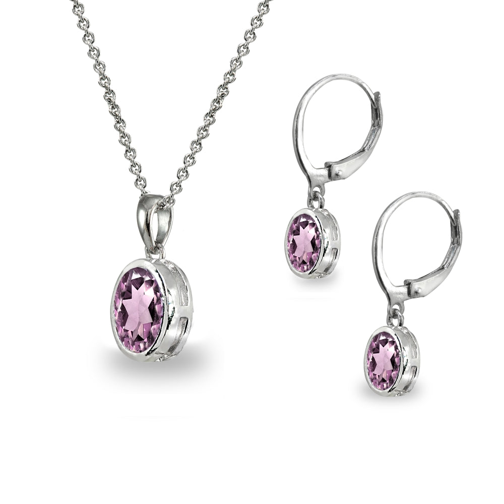 Sterling Silver Created Alexandrite Oval-Cut Bezel-Set Pendant Necklace & Dangle Leverback Earrings Set-2