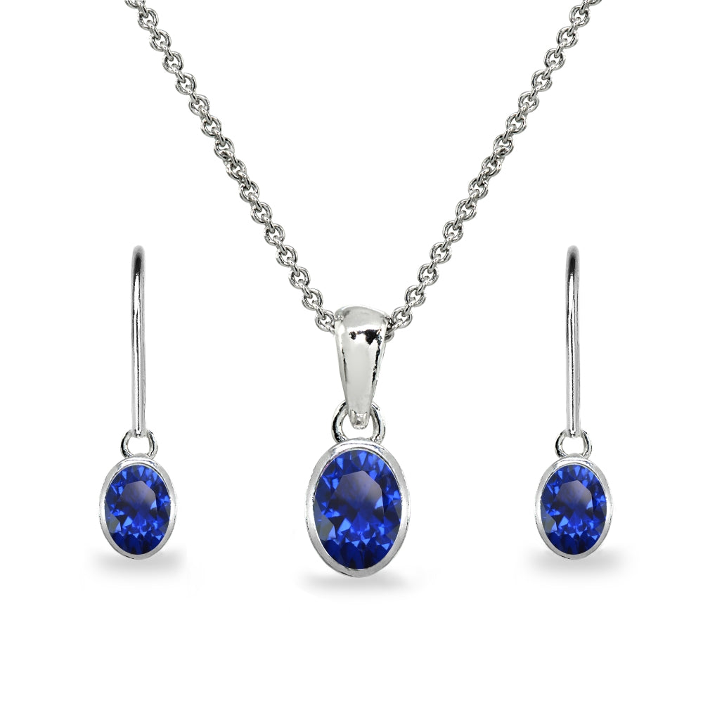 Sterling Silver Created Blue Sapphire Oval-Cut Bezel-Set Pendant Necklace & Dangle Leverback Earrings Set