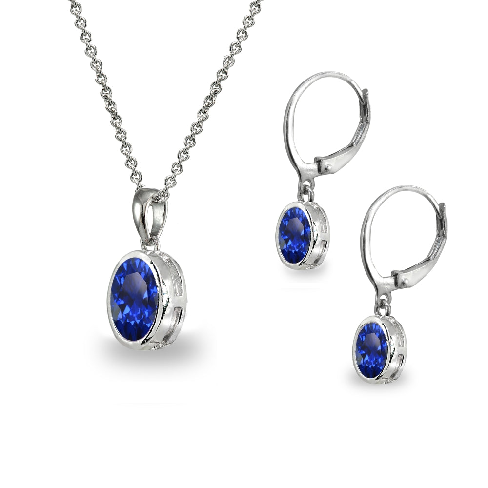Sterling Silver Created Blue Sapphire Oval-Cut Bezel-Set Pendant Necklace & Dangle Leverback Earrings Set-2
