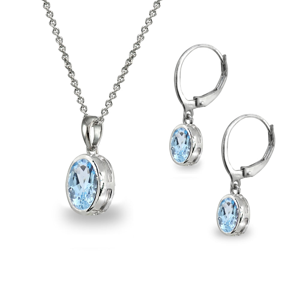 Sterling Silver Blue Topaz Oval-Cut Bezel-Set Pendant Necklace & Dangle Leverback Earrings Set-2