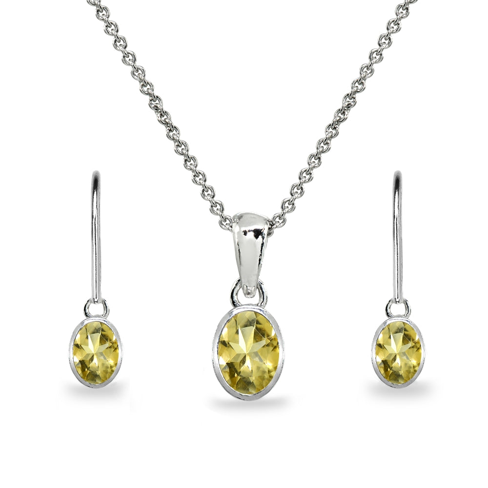Sterling Silver Citrine Oval-Cut Bezel-Set Pendant Necklace & Dangle Leverback Earrings Set