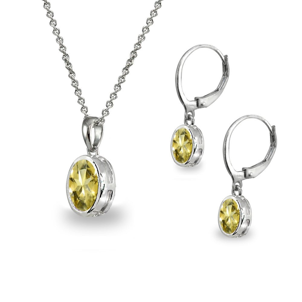Sterling Silver Citrine Oval-Cut Bezel-Set Pendant Necklace & Dangle Leverback Earrings Set-2