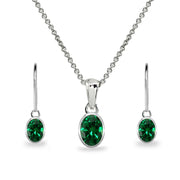 Sterling Silver Simulated Emerald Oval-Cut Bezel-Set Pendant Necklace & Dangle Leverback Earrings Set