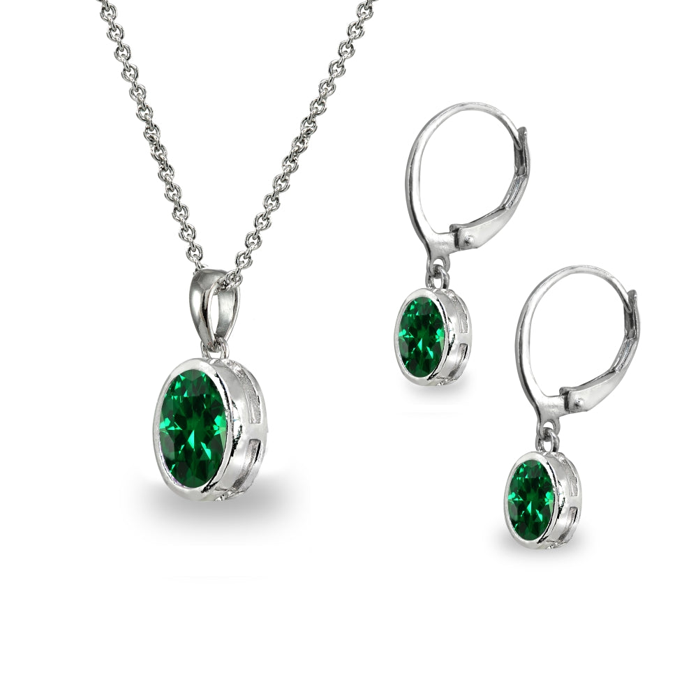 Sterling Silver Simulated Emerald Oval-Cut Bezel-Set Pendant Necklace & Dangle Leverback Earrings Set-2