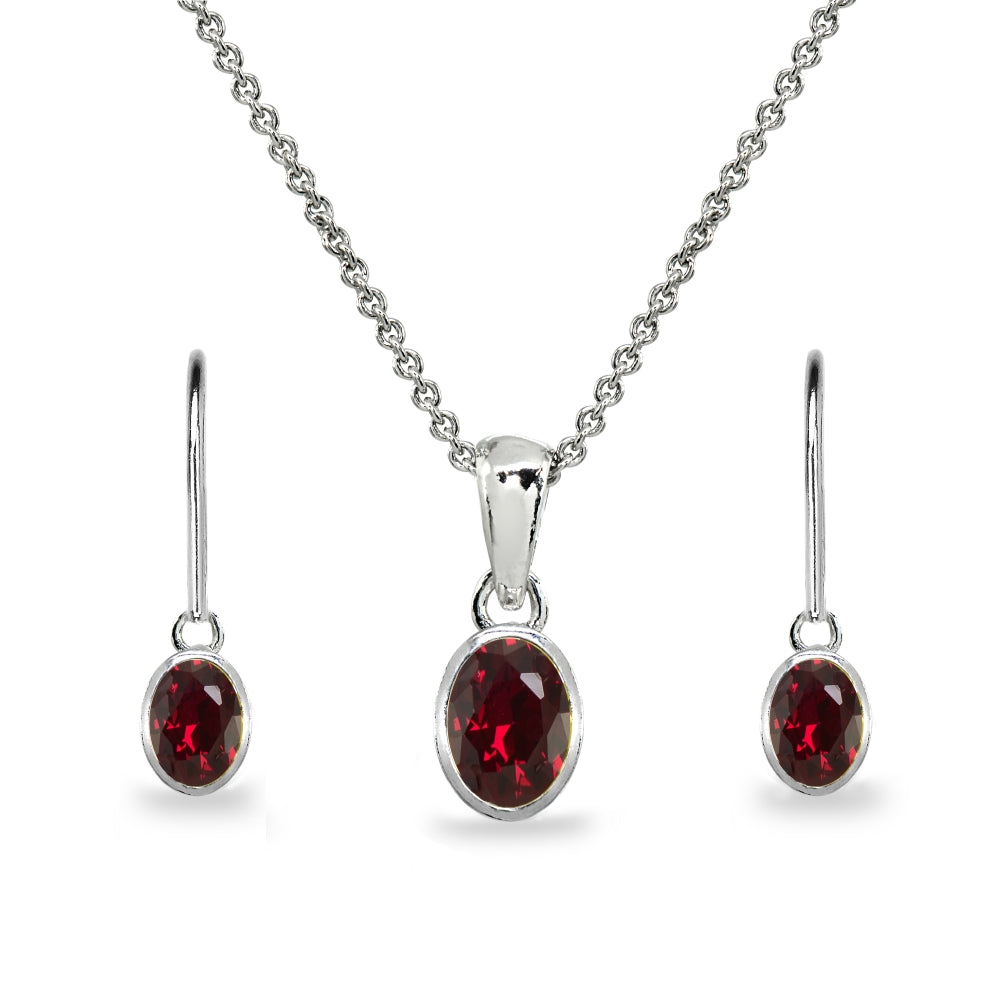 Sterling Silver Created Ruby Oval-Cut Bezel-Set Pendant Necklace & Dangle Leverback Earrings Set