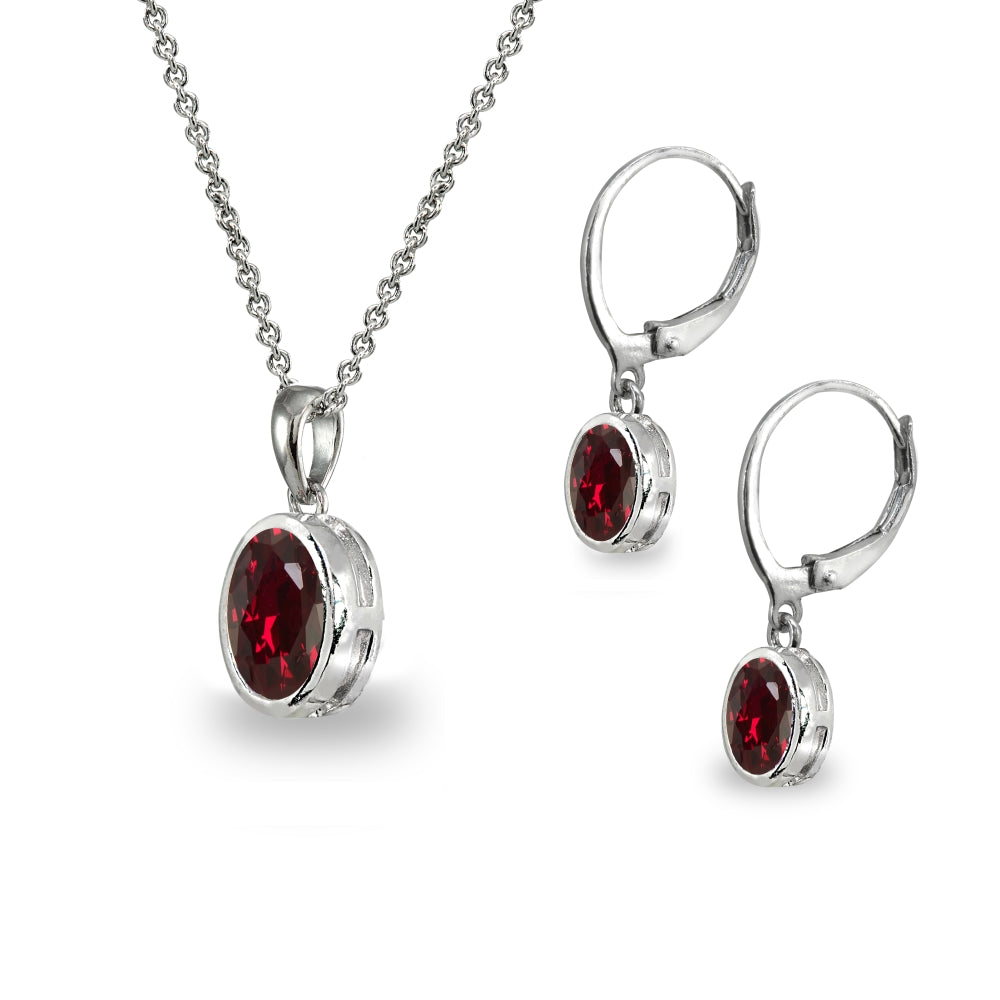 Sterling Silver Created Ruby Oval-Cut Bezel-Set Pendant Necklace & Dangle Leverback Earrings Set-2