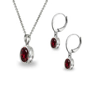Sterling Silver Created Ruby Oval-Cut Bezel-Set Pendant Necklace & Dangle Leverback Earrings Set