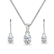 Sterling Silver Cubic Zirconia Oval-Cut Bezel-Set Pendant Necklace & Dangle Leverback Earrings Set