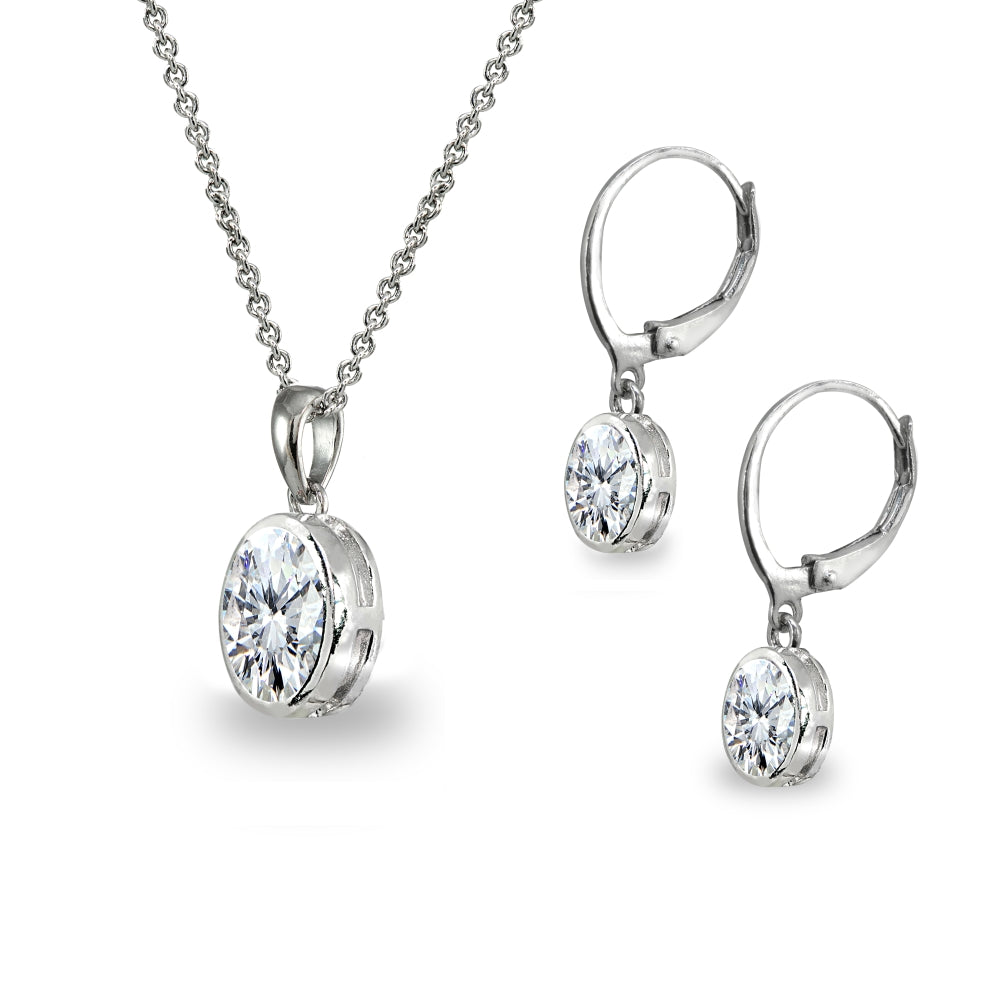 Sterling Silver Cubic Zirconia Oval-Cut Bezel-Set Pendant Necklace & Dangle Leverback Earrings Set-2