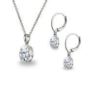 Sterling Silver Cubic Zirconia Oval-Cut Bezel-Set Pendant Necklace & Dangle Leverback Earrings Set
