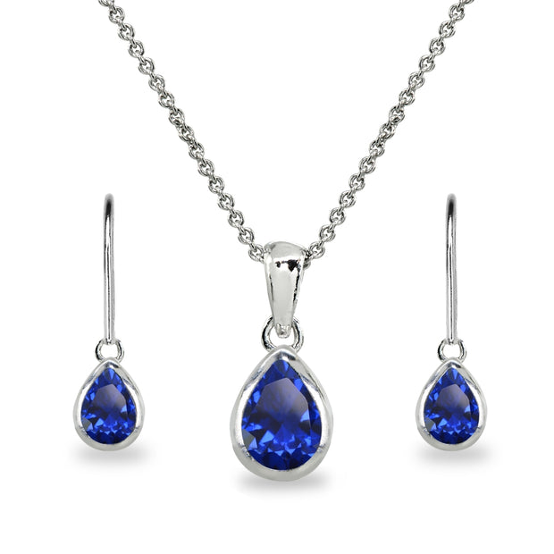 Sterling Silver Created Blue Sapphire Teardrop Bezel-Set Pendant Necklace & Dangle Leverback Earrings Set