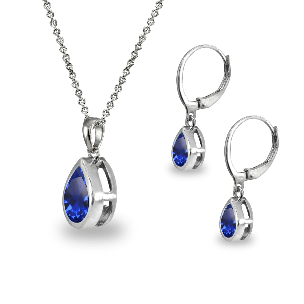 Sterling Silver Created Blue Sapphire Teardrop Bezel-Set Pendant Necklace & Dangle Leverback Earrings Set-2