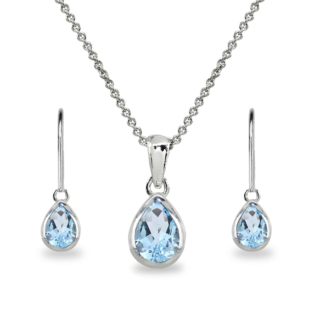 Sterling Silver Blue Topaz Teardrop Bezel-Set Pendant Necklace & Dangle Leverback Earrings Set