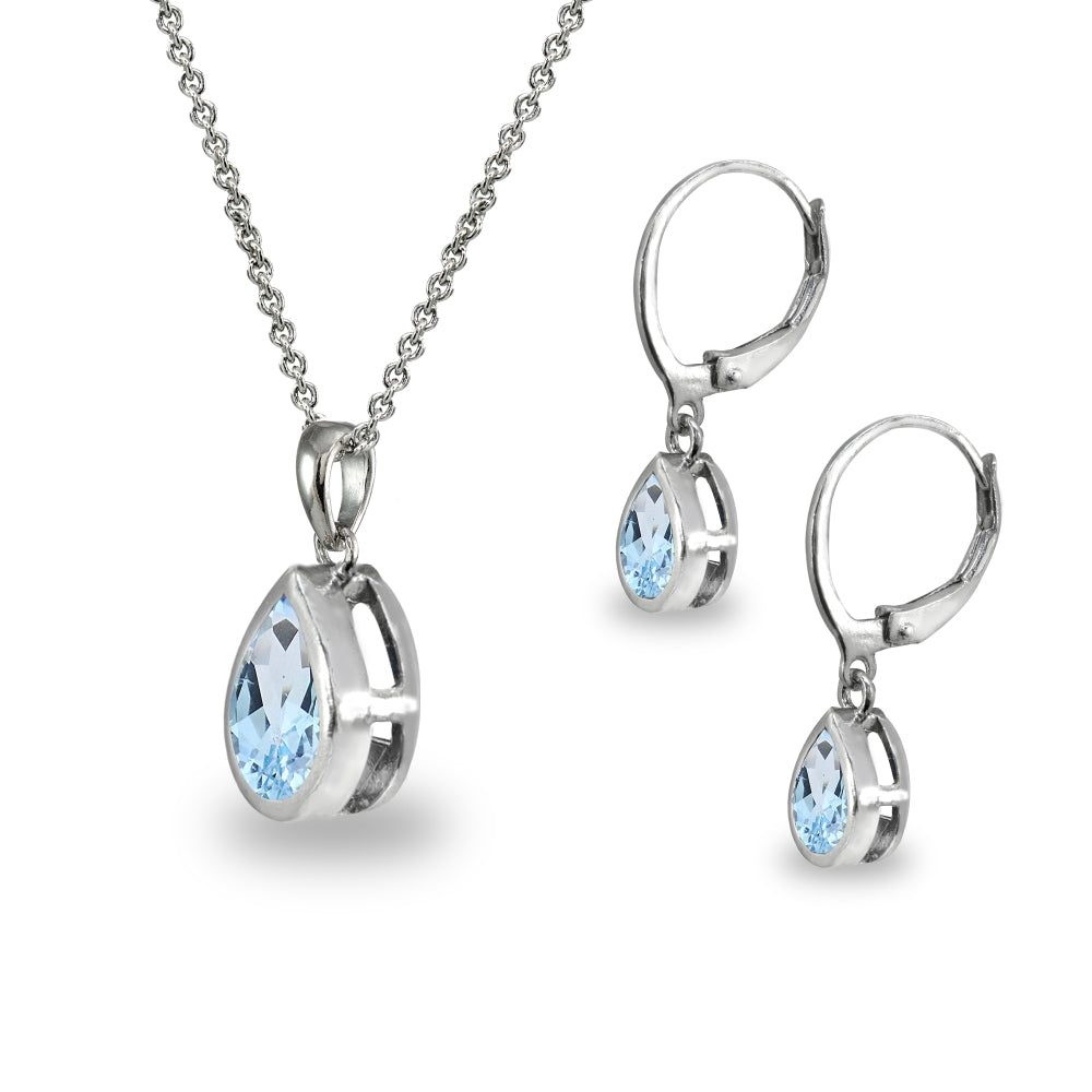 Sterling Silver Blue Topaz Teardrop Bezel-Set Pendant Necklace & Dangle Leverback Earrings Set-2