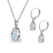 Sterling Silver Blue Topaz Teardrop Bezel-Set Pendant Necklace & Dangle Leverback Earrings Set