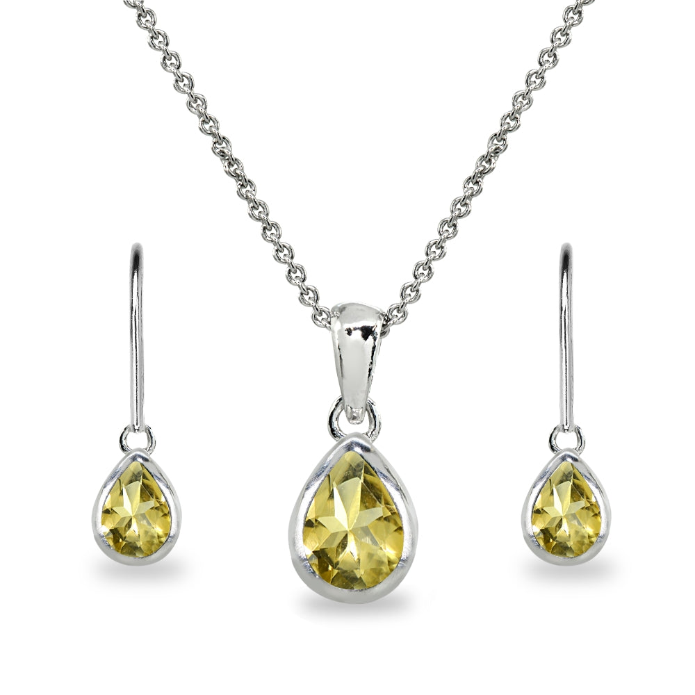 Sterling Silver Citrine Teardrop Bezel-Set Pendant Necklace & Dangle Leverback Earrings Set