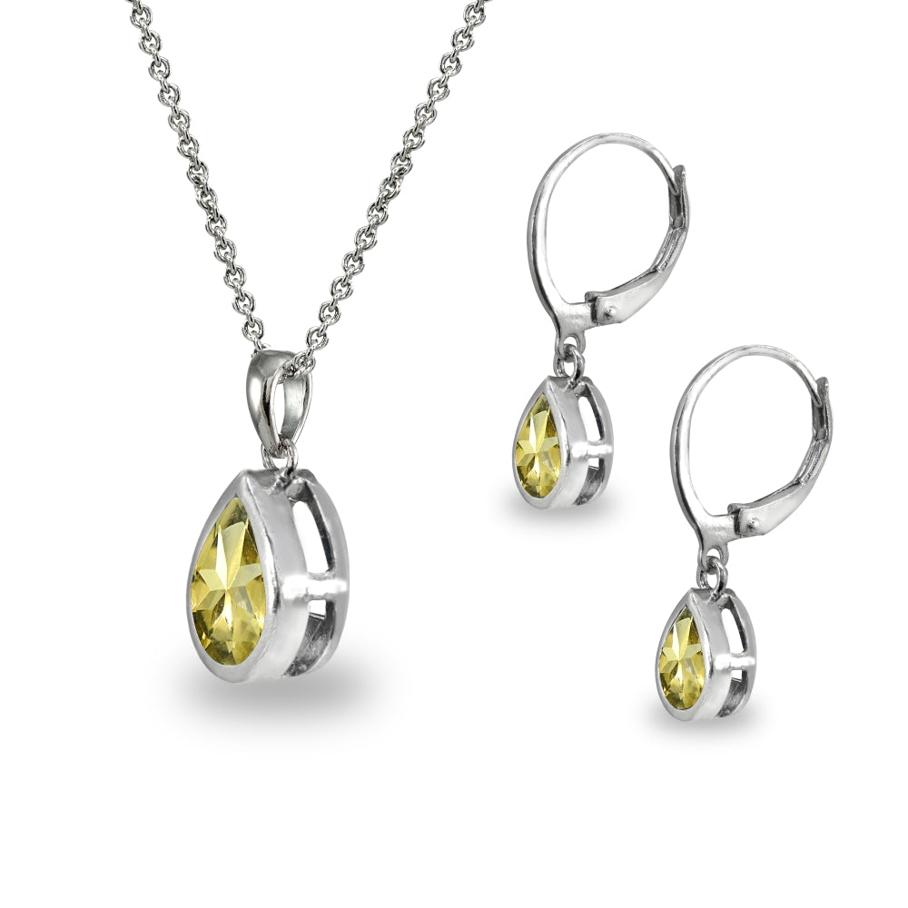 Sterling Silver Citrine Teardrop Bezel-Set Pendant Necklace & Dangle Leverback Earrings Set-2