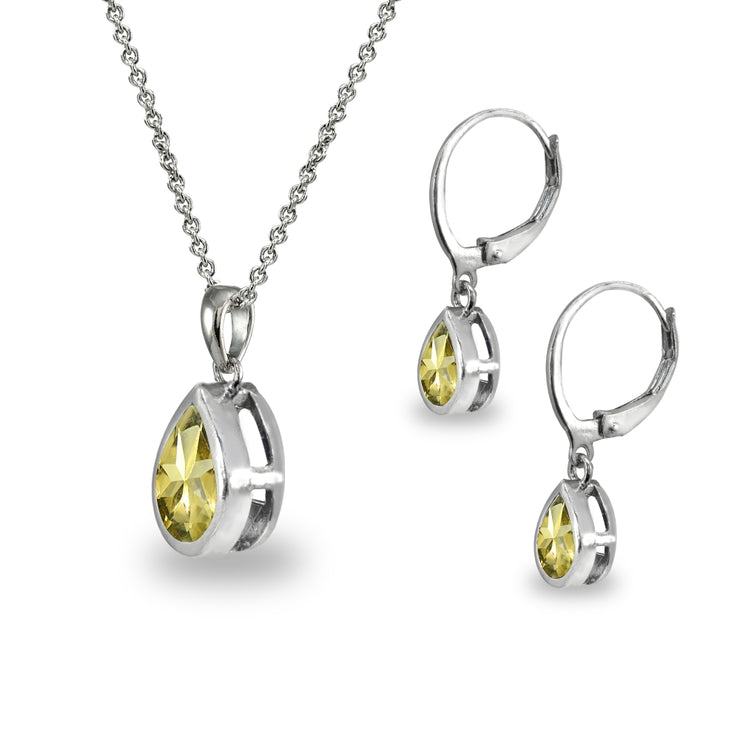 Sterling Silver Citrine Teardrop Bezel-Set Pendant Necklace & Dangle Leverback Earrings Set