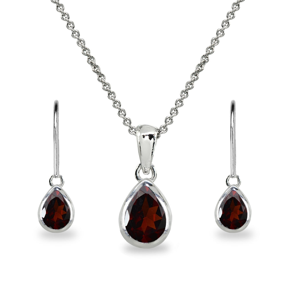 Sterling Silver Garnet Teardrop Bezel-Set Pendant Necklace & Dangle Leverback Earrings Set