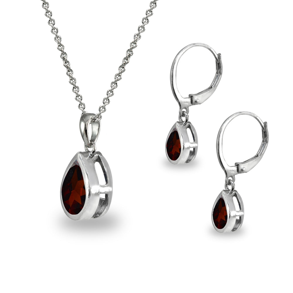 Sterling Silver Garnet Teardrop Bezel-Set Pendant Necklace & Dangle Leverback Earrings Set-2