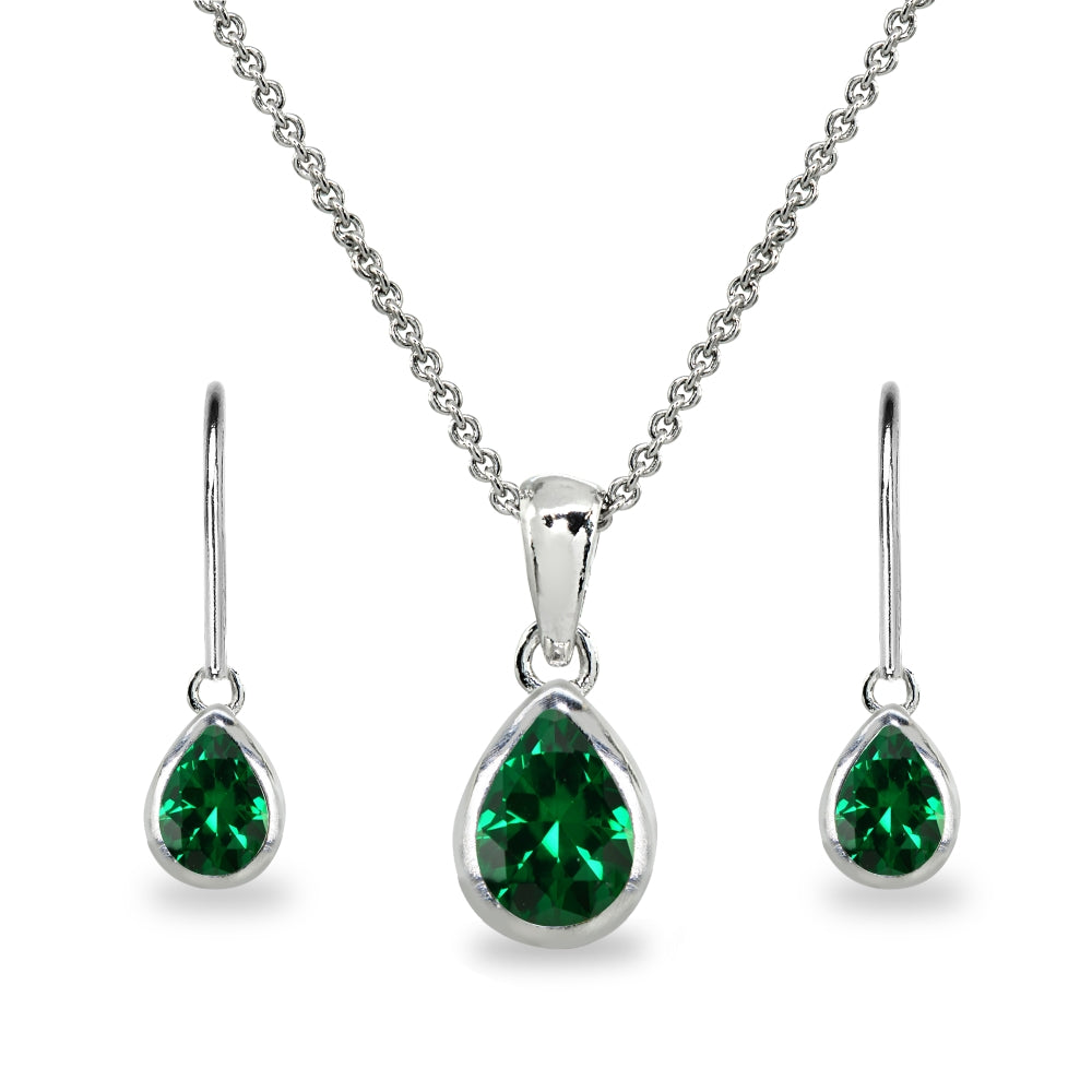 Sterling Silver Simulated Emerald Teardrop Bezel-Set Pendant Necklace & Dangle Leverback Earrings Set