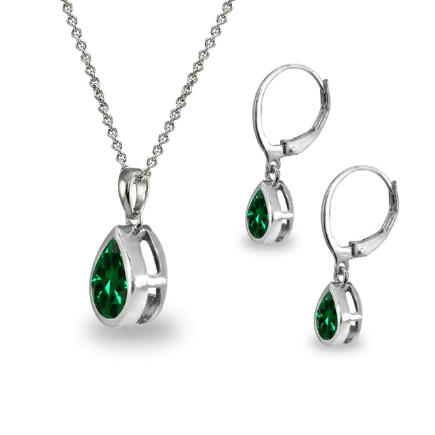 Sterling Silver Simulated Emerald Teardrop Bezel-Set Pendant Necklace & Dangle Leverback Earrings Set