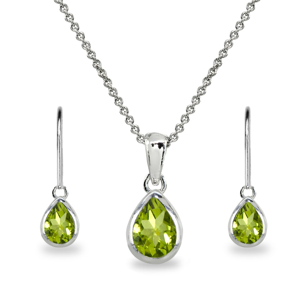 Sterling Silver Peridot Teardrop Bezel-Set Pendant Necklace & Dangle Leverback Earrings Set