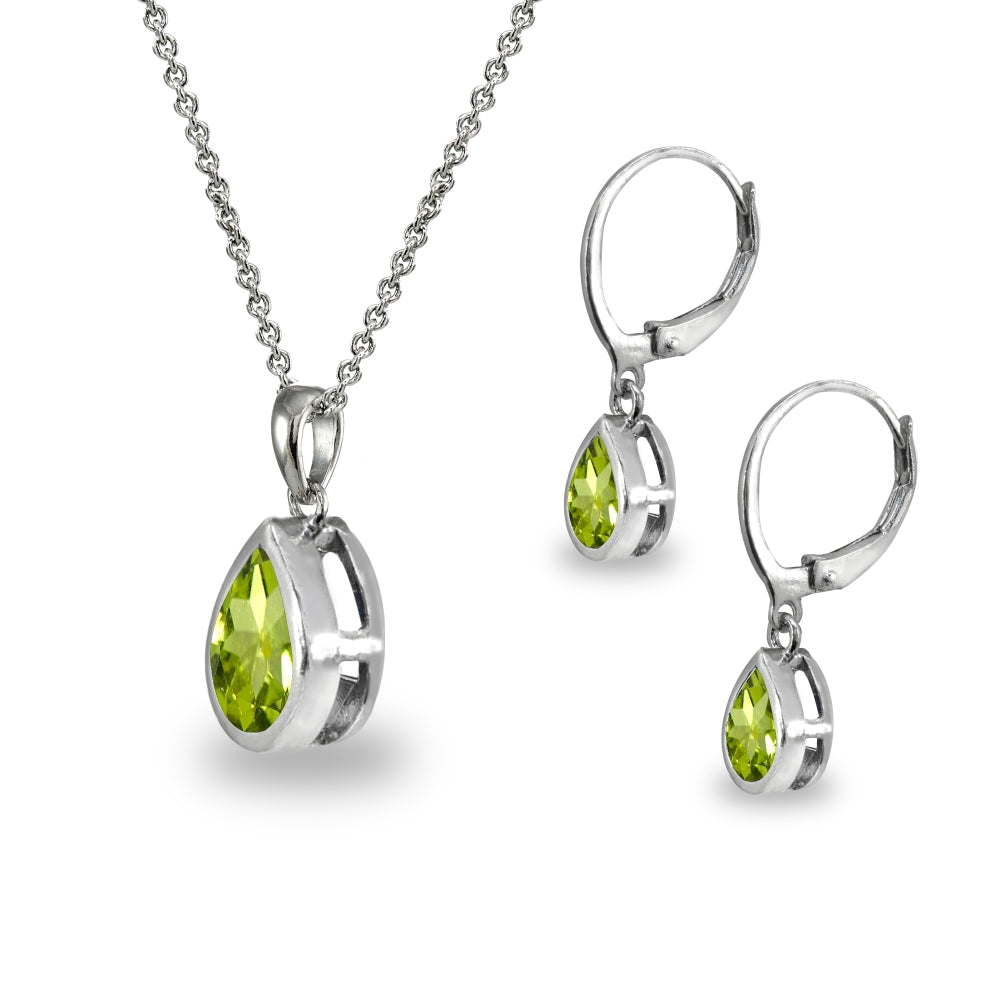 Sterling Silver Peridot Teardrop Bezel-Set Pendant Necklace & Dangle Leverback Earrings Set-2