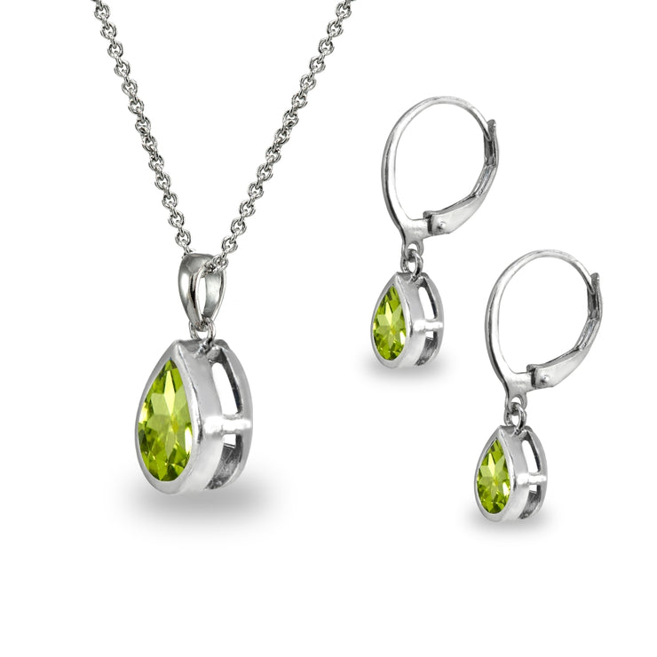 Sterling Silver Peridot Teardrop Bezel-Set Pendant Necklace & Dangle Leverback Earrings Set