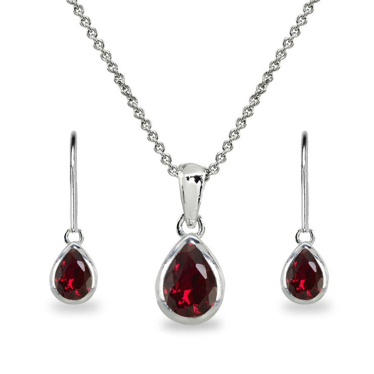 Sterling Silver Created Ruby Teardrop Bezel-Set Pendant Necklace & Dangle Leverback Earrings Set