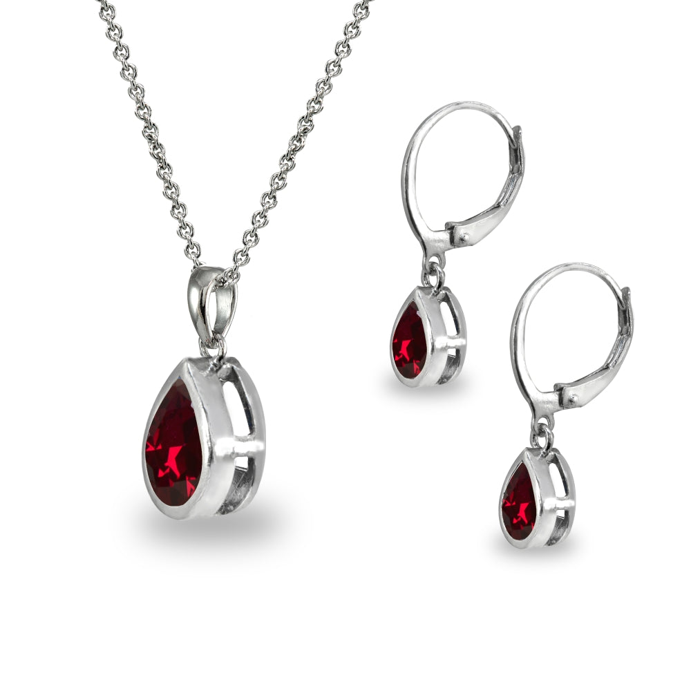 Sterling Silver Created Ruby Teardrop Bezel-Set Pendant Necklace & Dangle Leverback Earrings Set-2