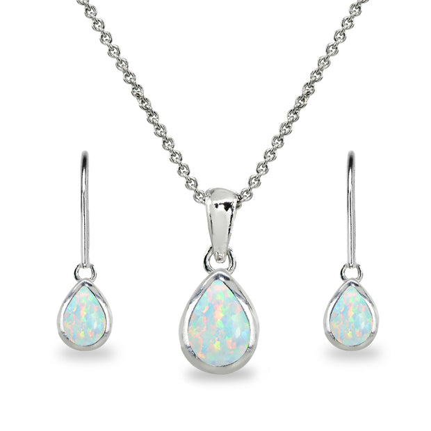 Sterling Silver Created White Opal Teardrop Bezel-Set Pendant Necklace & Dangle Leverback Earrings Set
