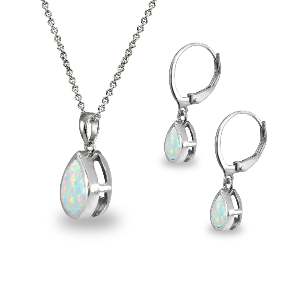 Sterling Silver Created White Opal Teardrop Bezel-Set Pendant Necklace & Dangle Leverback Earrings Set-2