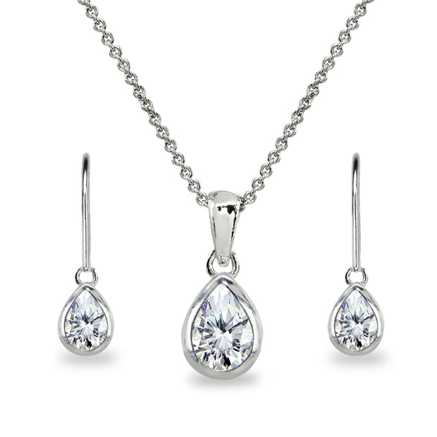 Sterling Silver Cubic Zirconia Teardrop Bezel-Set Pendant Necklace & Dangle Leverback Earrings Set