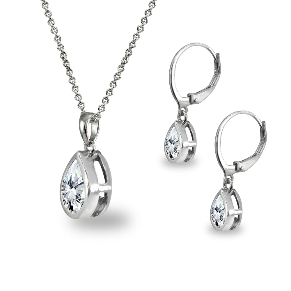 Sterling Silver Cubic Zirconia Teardrop Bezel-Set Pendant Necklace & Dangle Leverback Earrings Set-2