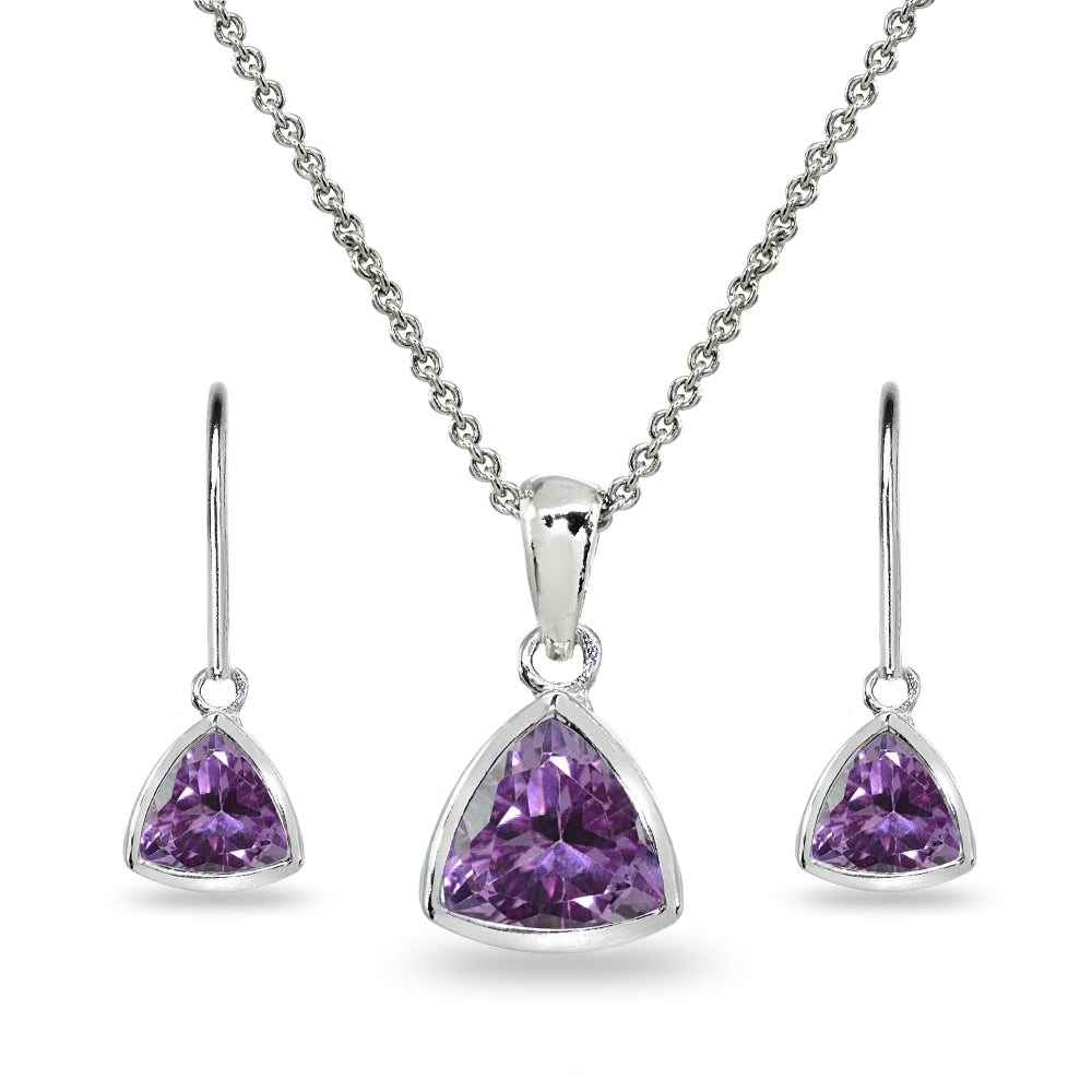 Sterling Silver Created Alexandrite Trillion Bezel-Set Necklace & Dangle Leverback Earrings Set