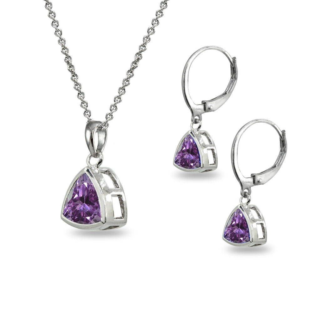 Sterling Silver Created Alexandrite Trillion Bezel-Set Necklace & Dangle Leverback Earrings Set-2