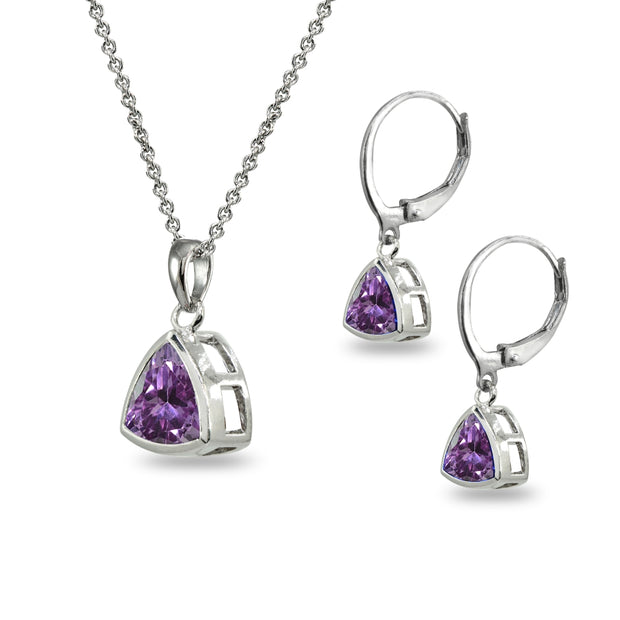 Sterling Silver Created Alexandrite Trillion Bezel-Set Necklace & Dangle Leverback Earrings Set