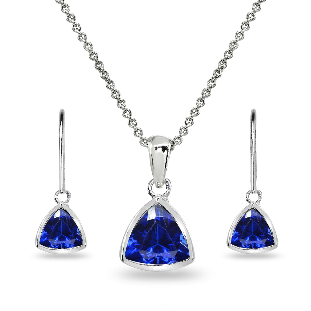 Sterling Silver Created Blue Sapphire Trillion Bezel-Set Necklace & Dangle Leverback Earrings Set