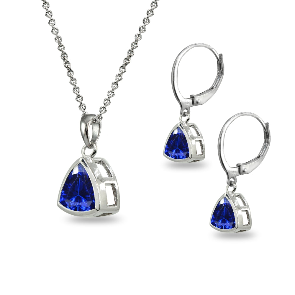 Sterling Silver Created Blue Sapphire Trillion Bezel-Set Necklace & Dangle Leverback Earrings Set-2